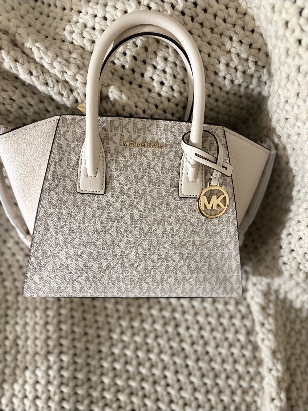 Michael Kors Cream/Beige Signature Tote with Gold MK Charm
